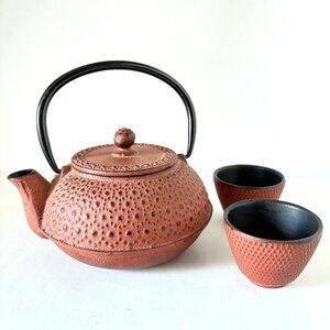 Vintage Tetsubin Tea Pot Set Japanese Red Cast Iron 2 Traditional Cups 6” x3”